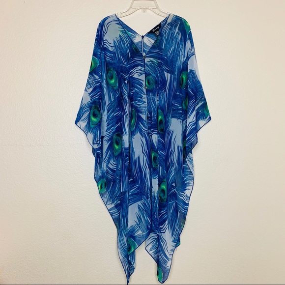 Zury Tops - Zury | Sheer Cover Up Peacock Feather Poncho Top